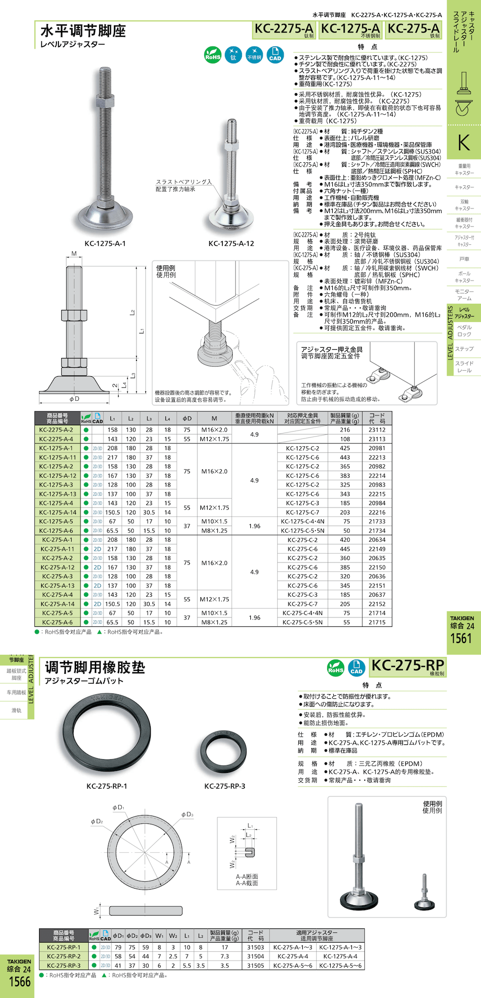 takigen KC-275-A-13水平调节脚座的产品说明_takigen中国官网